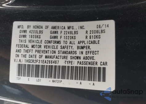 2014 Honda Accord Lx из США, поврежденный, VIN 1HGCR2F31EA266467